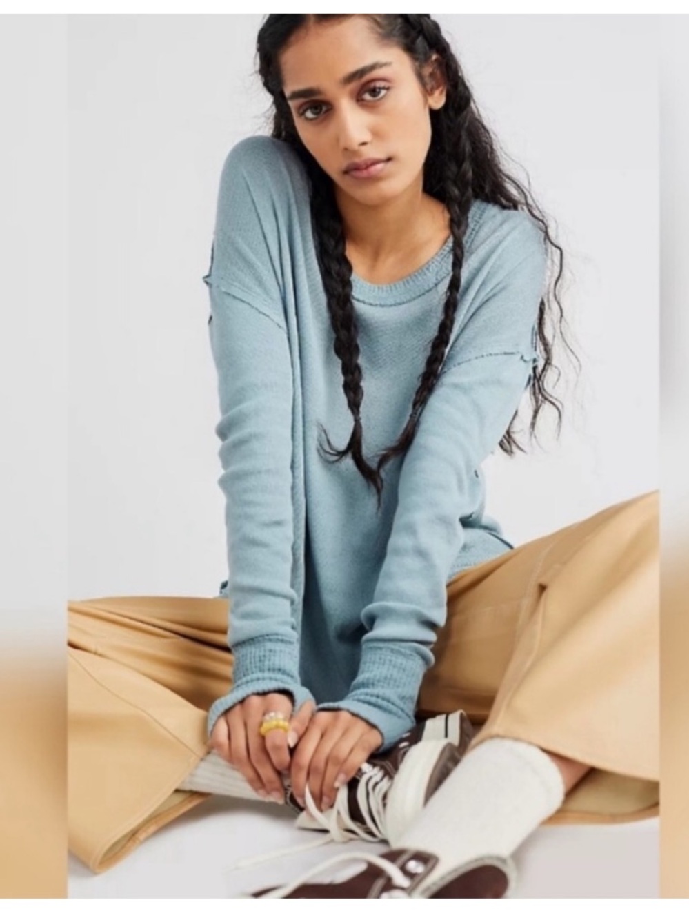 We the Free People Blue Women's Knit Long Sleeve Colby Thermal Knit Tee Top